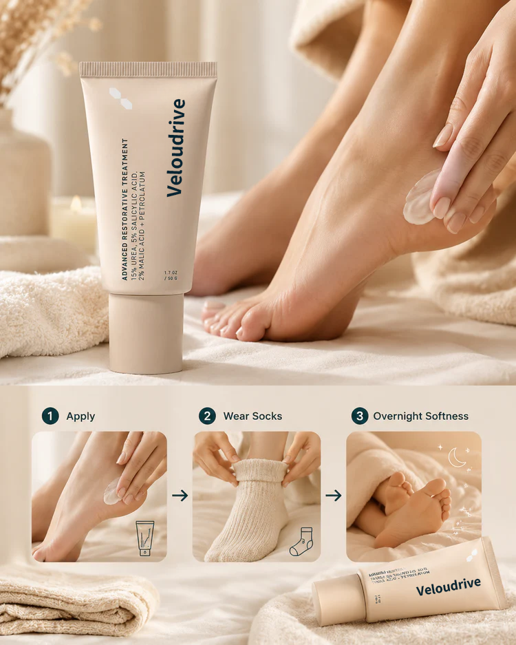 Veloudrive™ Foot Rescue Ointment Dry, Rough, Cracked Feet? Give Them the Overnight Rescue They Need.